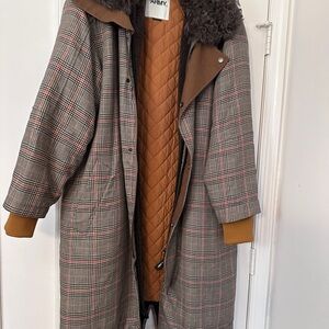 Yves Salomon lamb leather plaid print long parks with shearling collar